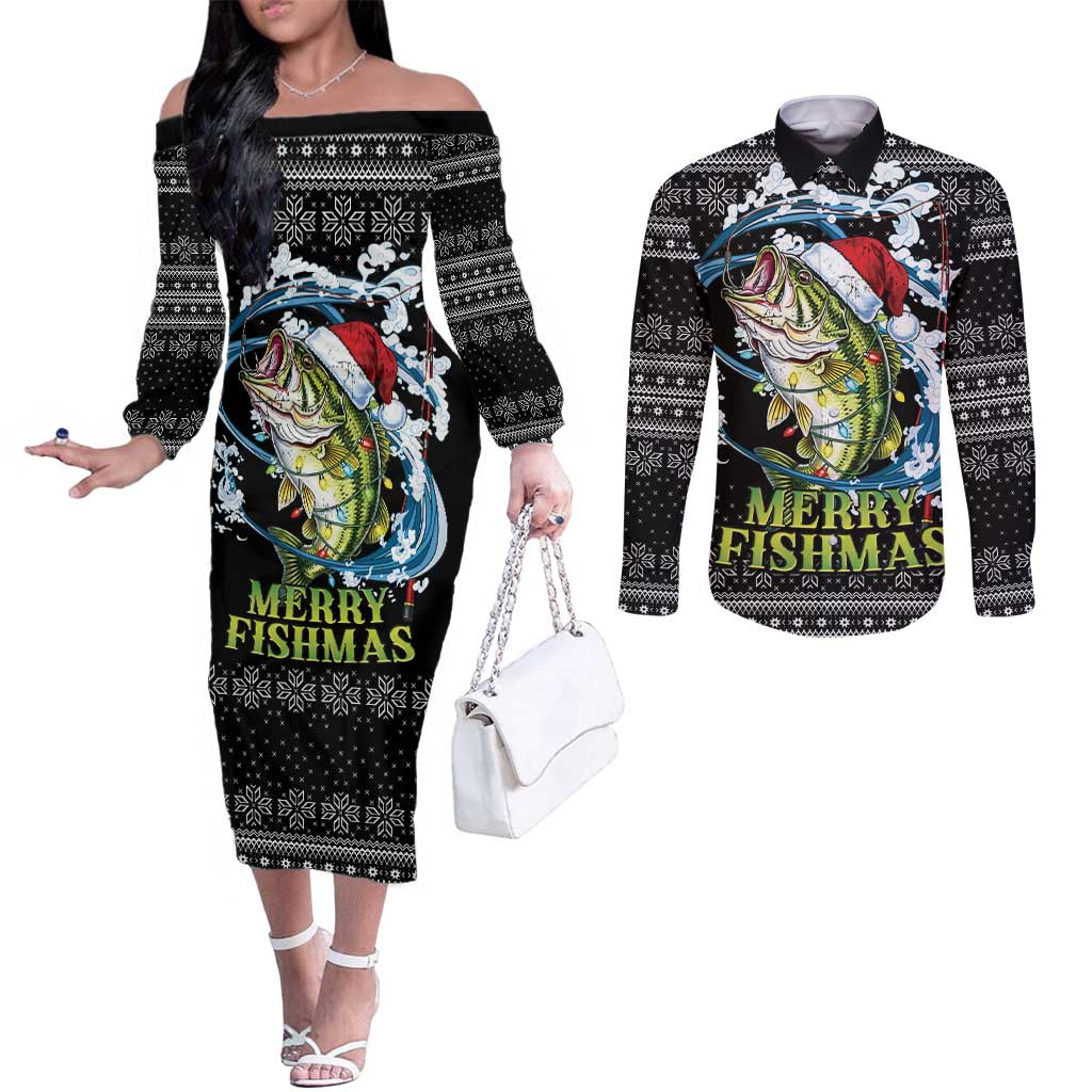 Funny Fishmas Bass Couples Matching Off The Shoulder Long Sleeve Dress and Long Sleeve Button Shirt Fish Santa Hat Christmas Vibes - Wonder Print Shop