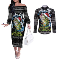 Funny Fishmas Bass Couples Matching Off The Shoulder Long Sleeve Dress and Long Sleeve Button Shirt Fish Santa Hat Christmas Vibes - Wonder Print Shop