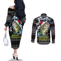 Funny Fishmas Bass Couples Matching Off The Shoulder Long Sleeve Dress and Long Sleeve Button Shirt Fish Santa Hat Christmas Vibes - Wonder Print Shop