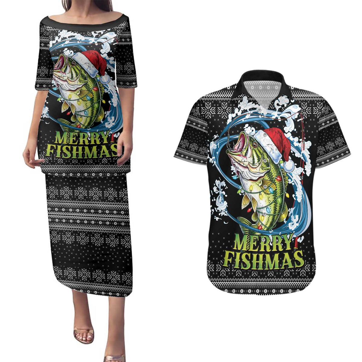 Funny Fishmas Bass Couples Matching Puletasi and Hawaiian Shirt Fish Santa Hat Christmas Vibes - Wonder Print Shop