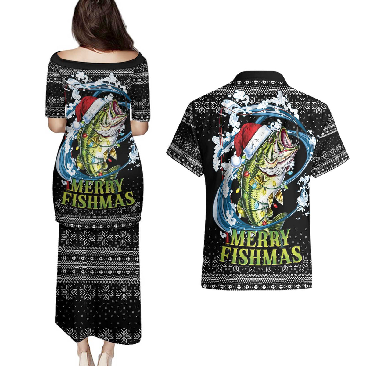 Funny Fishmas Bass Couples Matching Puletasi and Hawaiian Shirt Fish Santa Hat Christmas Vibes - Wonder Print Shop