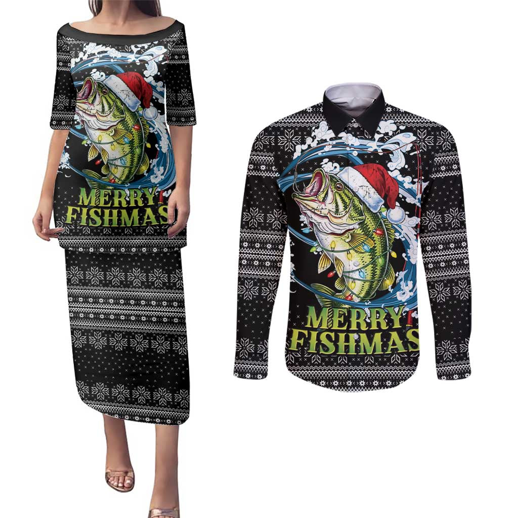 Funny Fishmas Bass Couples Matching Puletasi and Long Sleeve Button Shirt Fish Santa Hat Christmas Vibes - Wonder Print Shop
