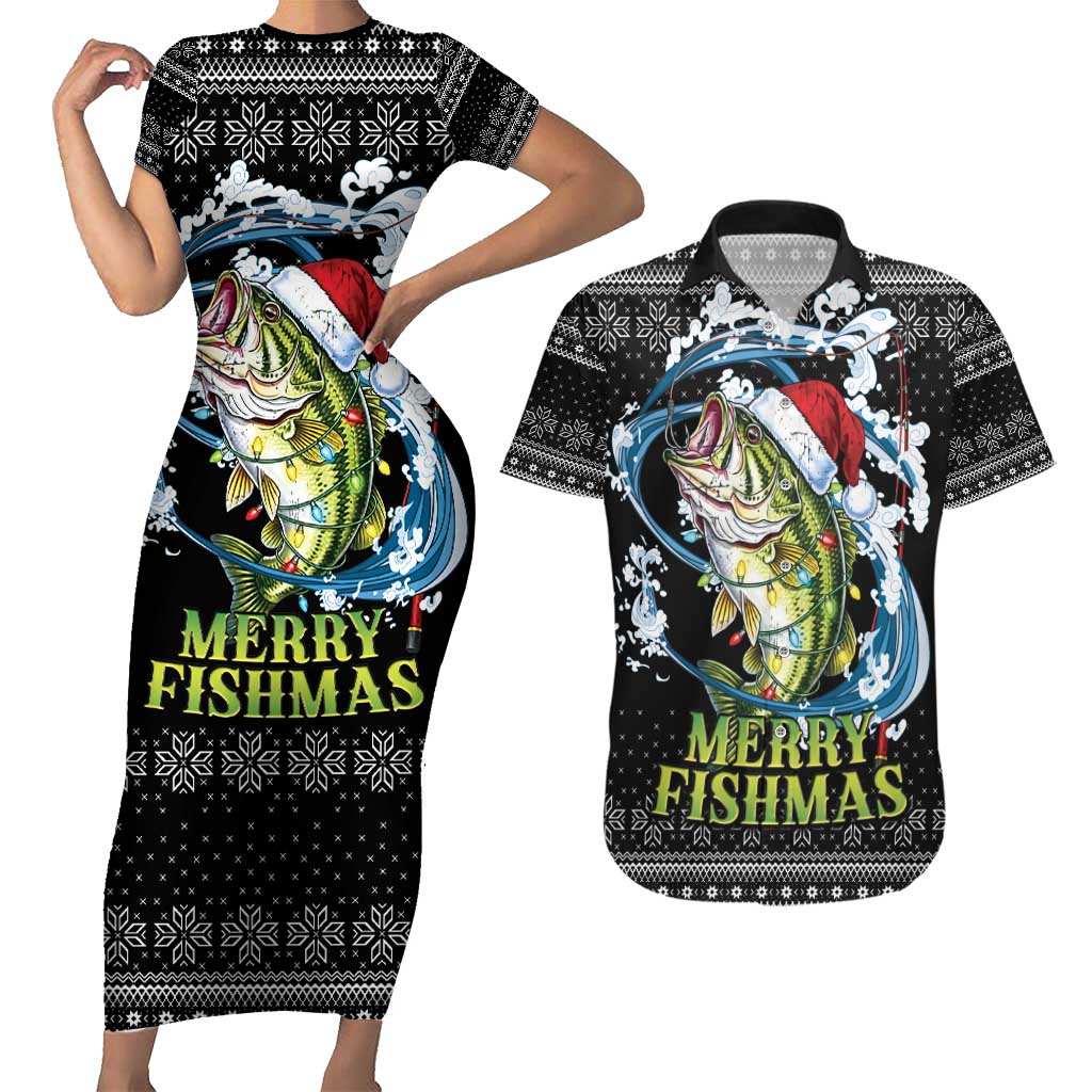Funny Fishmas Bass Couples Matching Short Sleeve Bodycon Dress and Hawaiian Shirt Fish Santa Hat Christmas Vibes - Wonder Print Shop