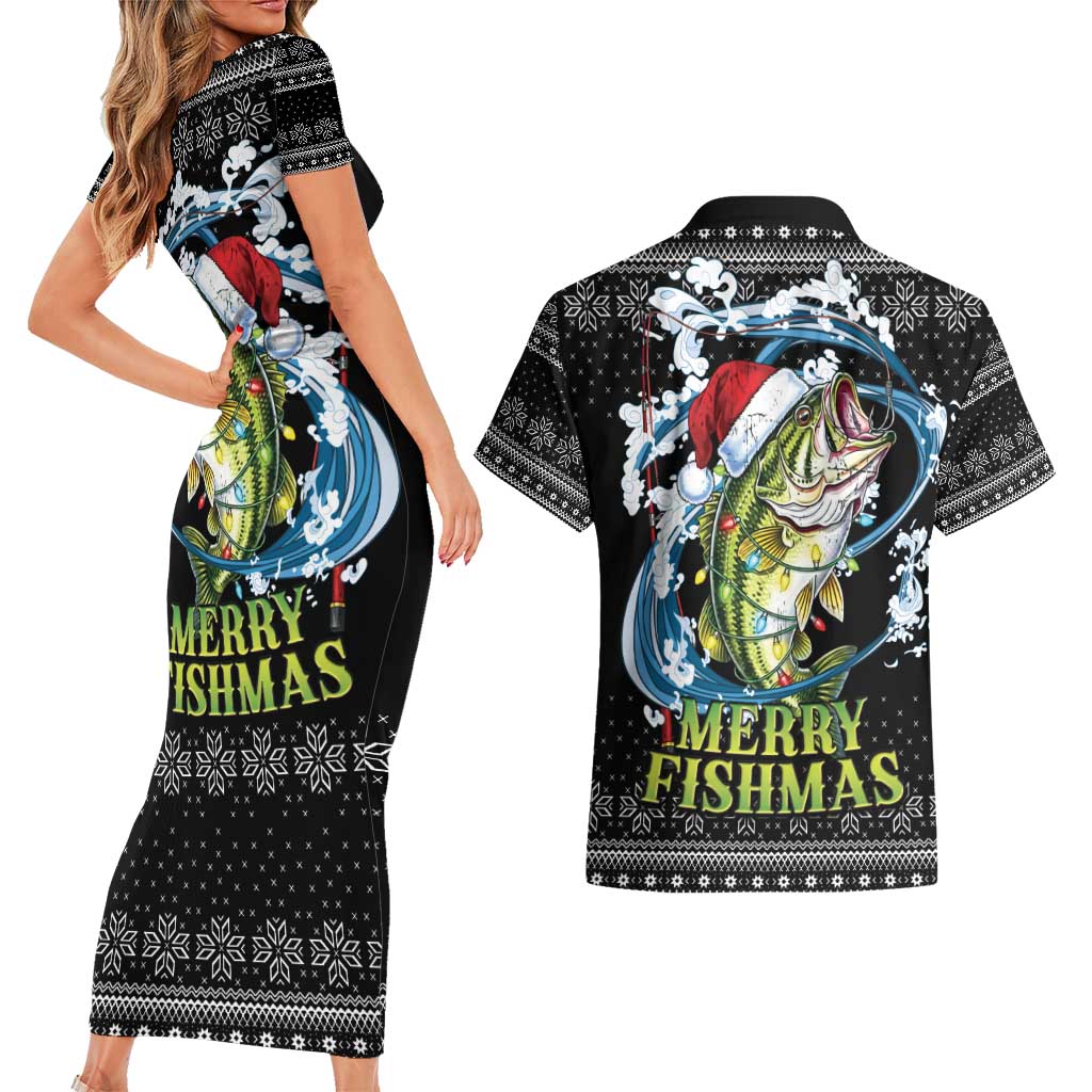 Funny Fishmas Bass Couples Matching Short Sleeve Bodycon Dress and Hawaiian Shirt Fish Santa Hat Christmas Vibes - Wonder Print Shop