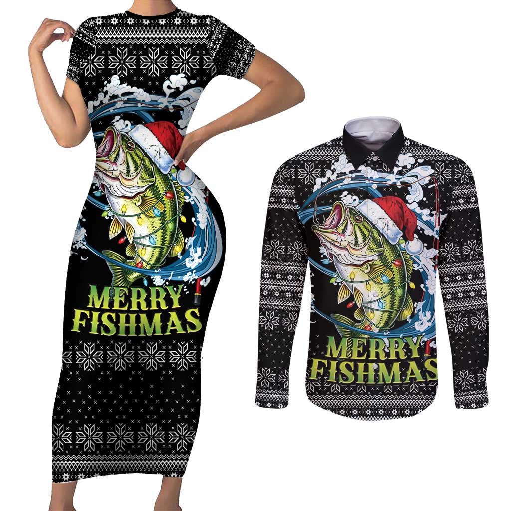 Funny Fishmas Bass Couples Matching Short Sleeve Bodycon Dress and Long Sleeve Button Shirt Fish Santa Hat Christmas Vibes - Wonder Print Shop