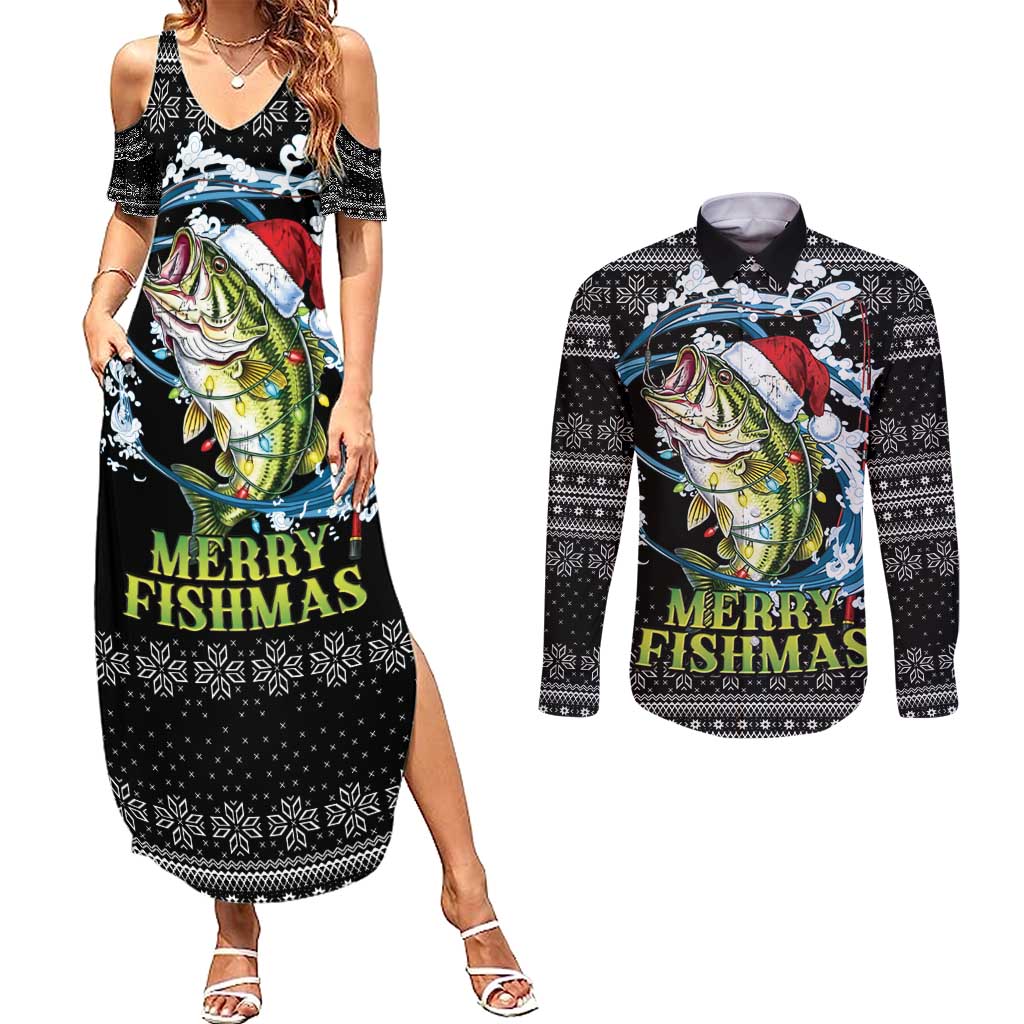 Funny Fishmas Bass Couples Matching Summer Maxi Dress and Long Sleeve Button Shirt Fish Santa Hat Christmas Vibes - Wonder Print Shop