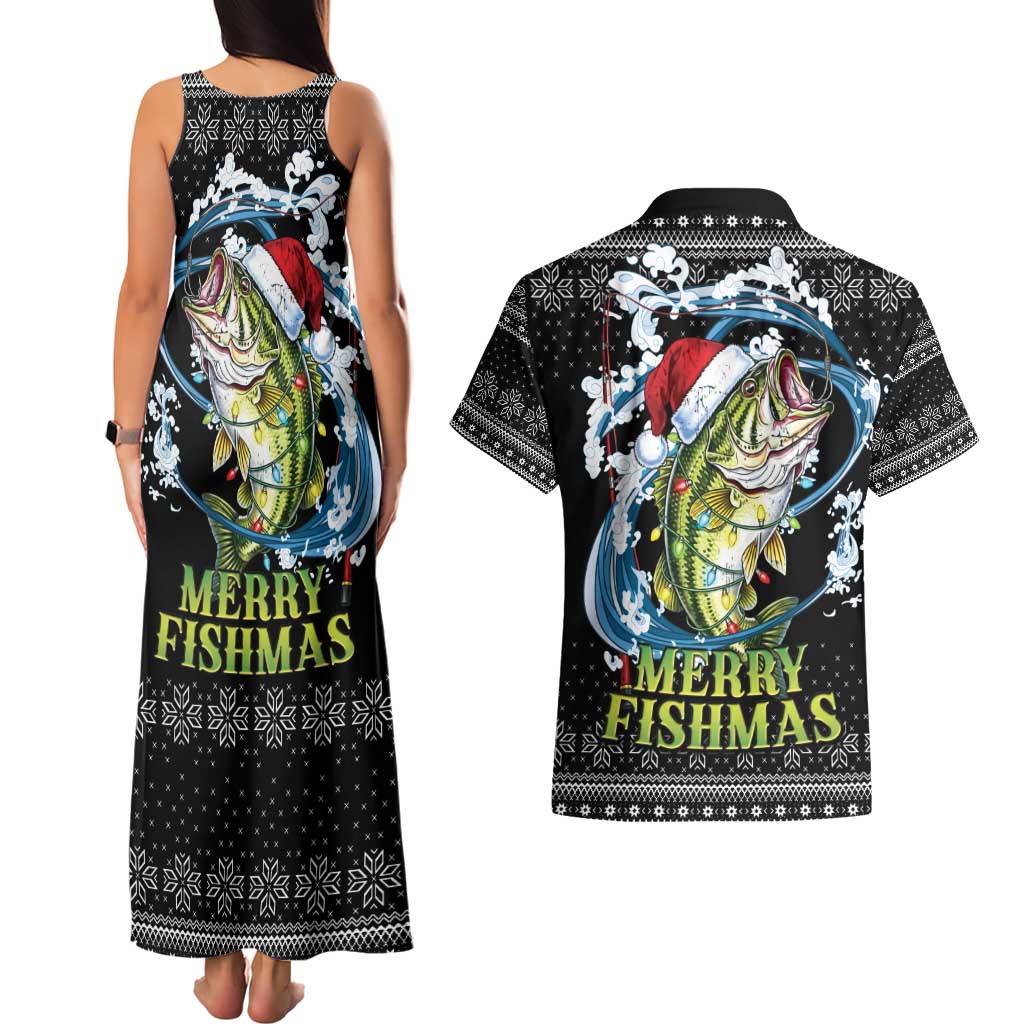 Funny Fishmas Bass Couples Matching Tank Maxi Dress and Hawaiian Shirt Fish Santa Hat Christmas Vibes - Wonder Print Shop