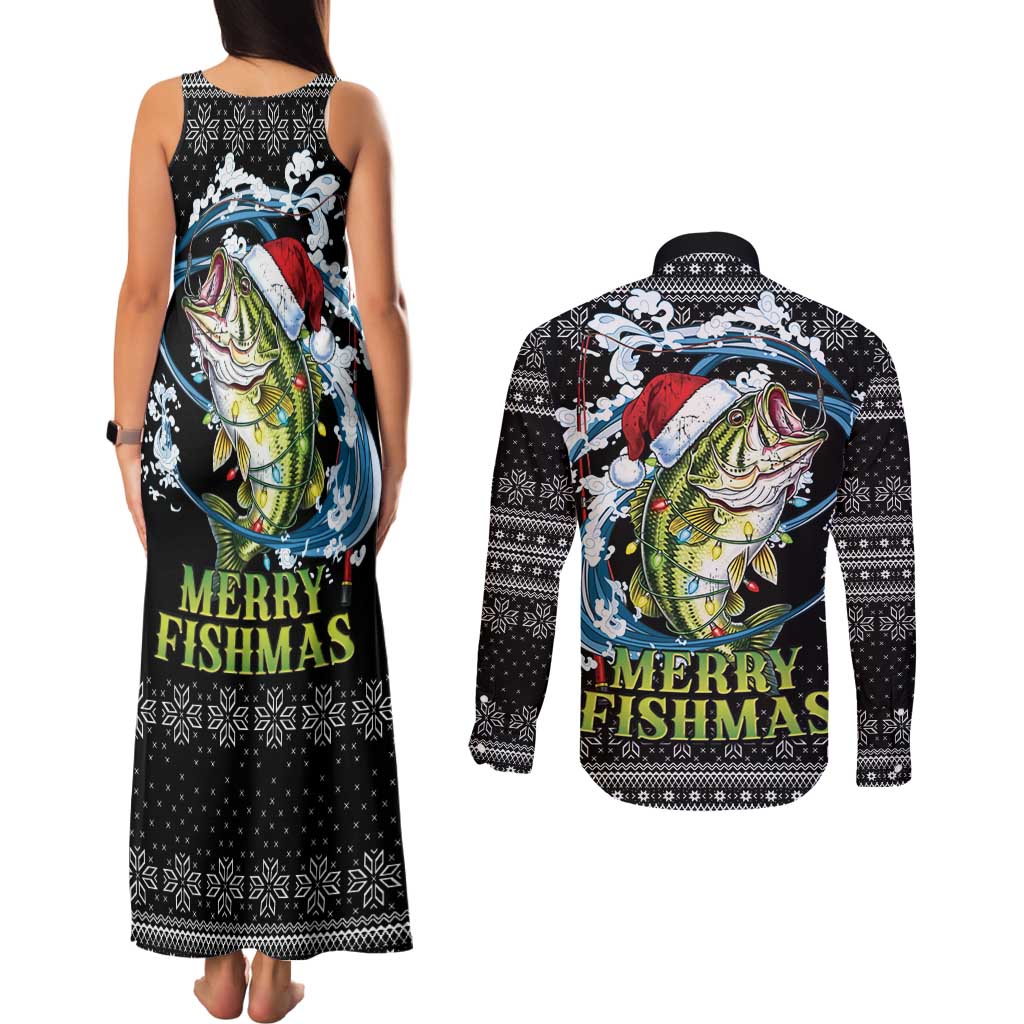 Funny Fishmas Bass Couples Matching Tank Maxi Dress and Long Sleeve Button Shirt Fish Santa Hat Christmas Vibes - Wonder Print Shop