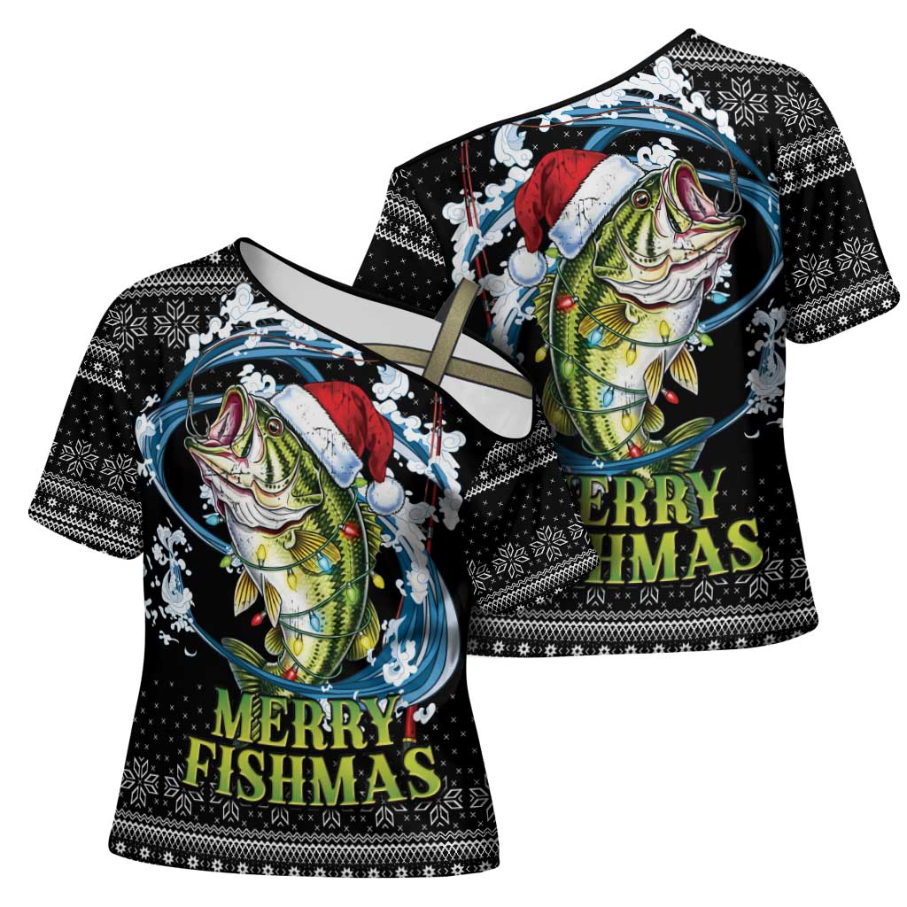 Funny Fishmas Bass Cross Shoulder Shirt Fish Santa Hat Christmas Vibes - Wonder Print Shop