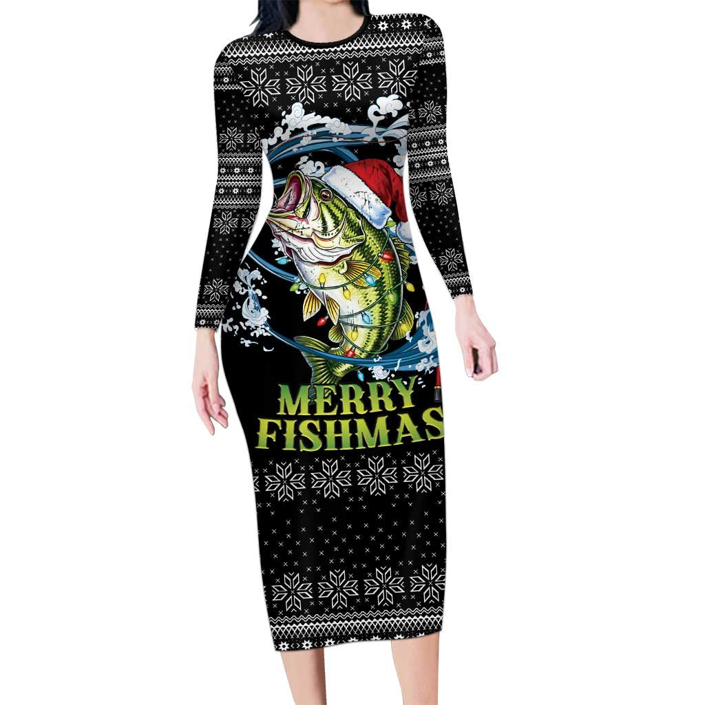 Funny Fishmas Bass Family Matching Long Sleeve Bodycon Dress and Hawaiian Shirt Fish Santa Hat Christmas Vibes - Wonder Print Shop