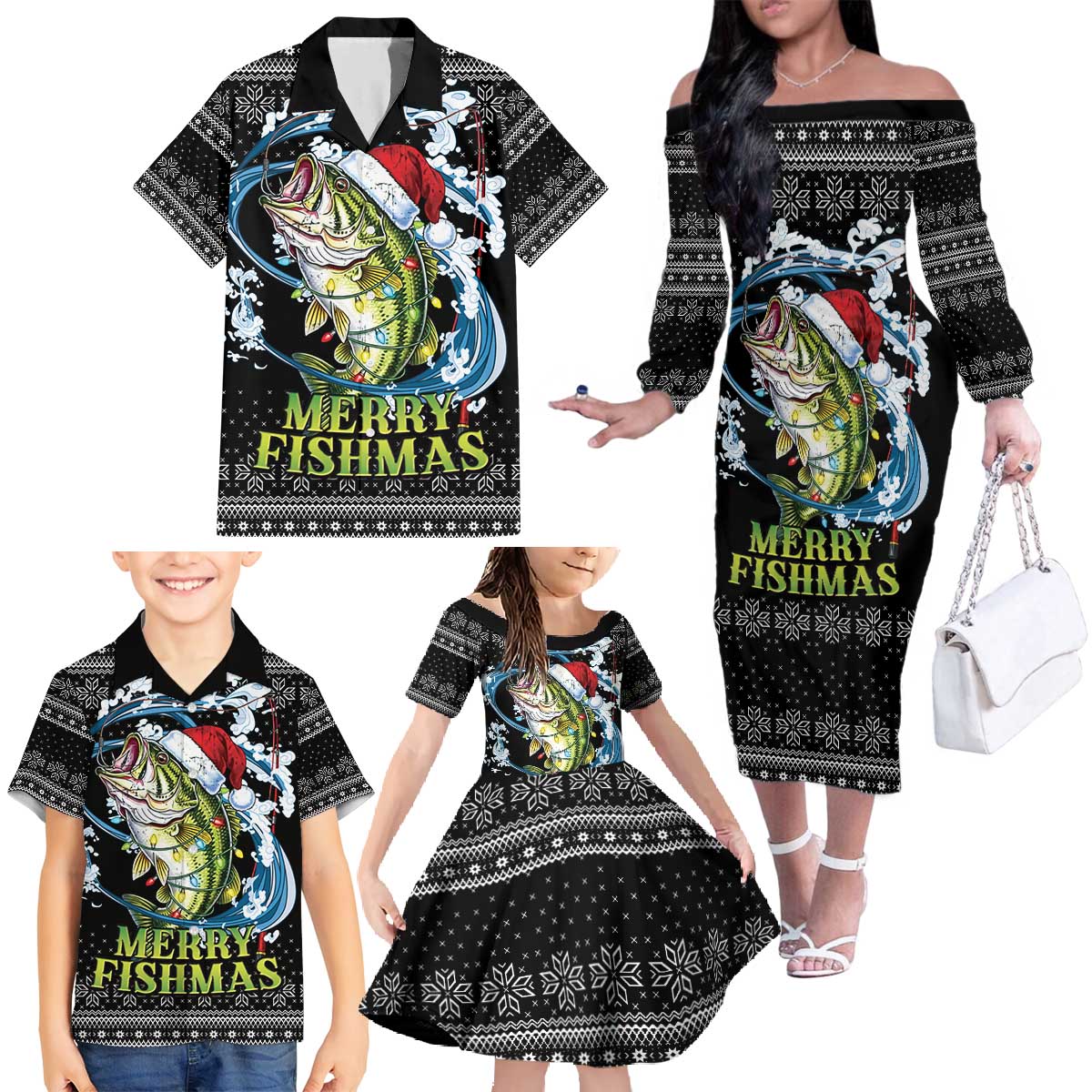 Funny Fishmas Bass Family Matching Off The Shoulder Long Sleeve Dress and Hawaiian Shirt Fish Santa Hat Christmas Vibes - Wonder Print Shop