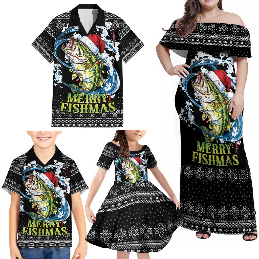 Funny Fishmas Bass Family Matching Off Shoulder Maxi Dress and Hawaiian Shirt Fish Santa Hat Christmas Vibes - Wonder Print Shop
