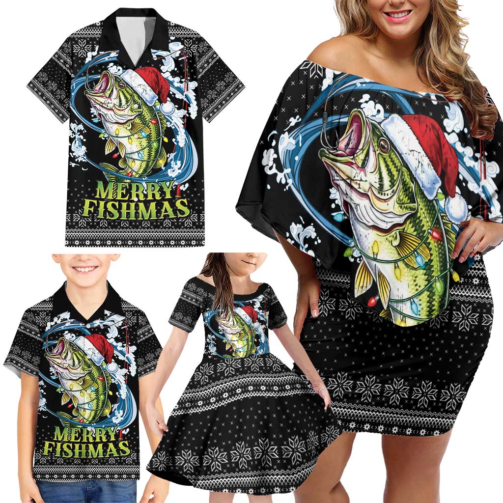 Funny Fishmas Bass Family Matching Off Shoulder Short Dress and Hawaiian Shirt Fish Santa Hat Christmas Vibes - Wonder Print Shop