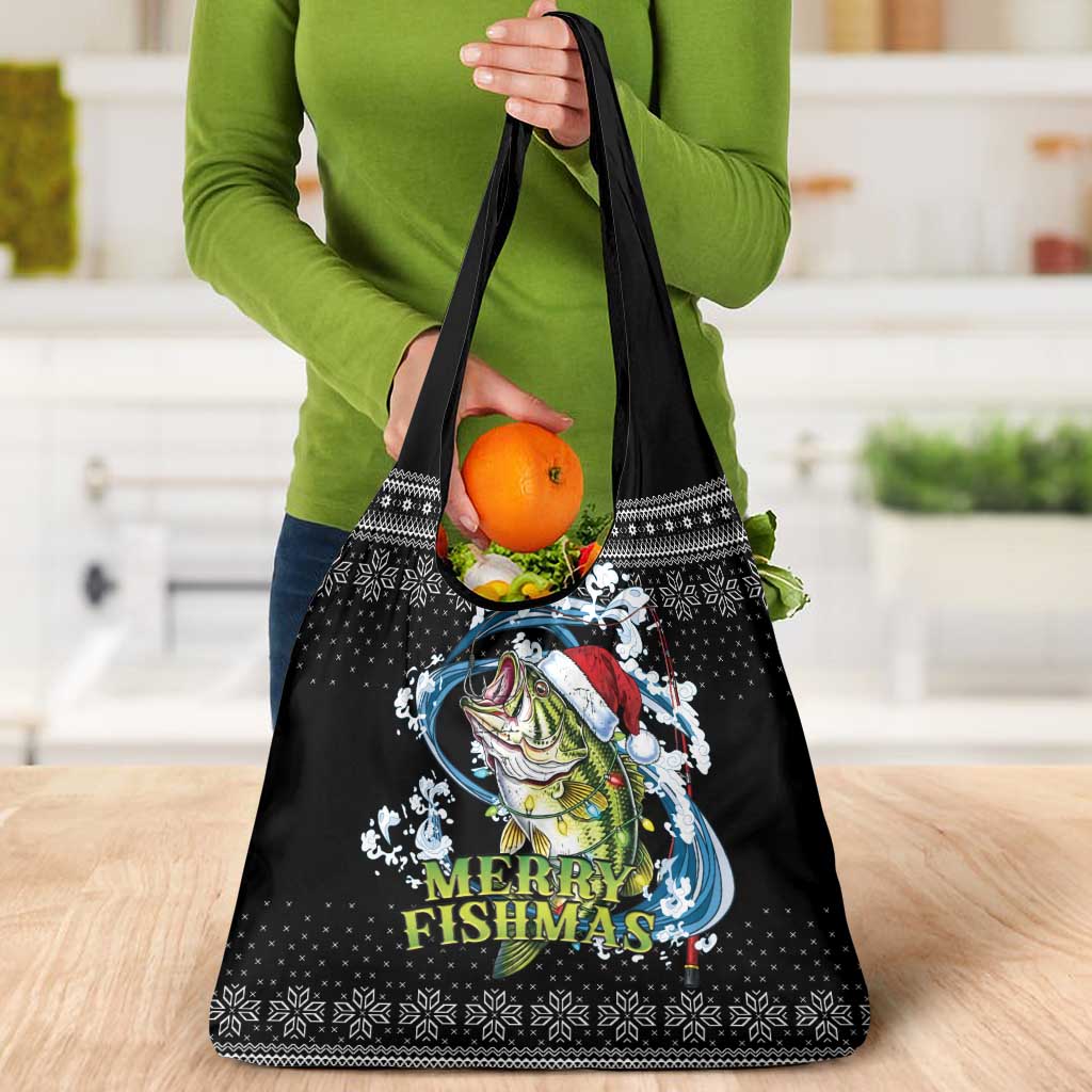 Funny Fishmas Bass Grocery Bag Fish Santa Hat Christmas Vibes - Wonder Print Shop