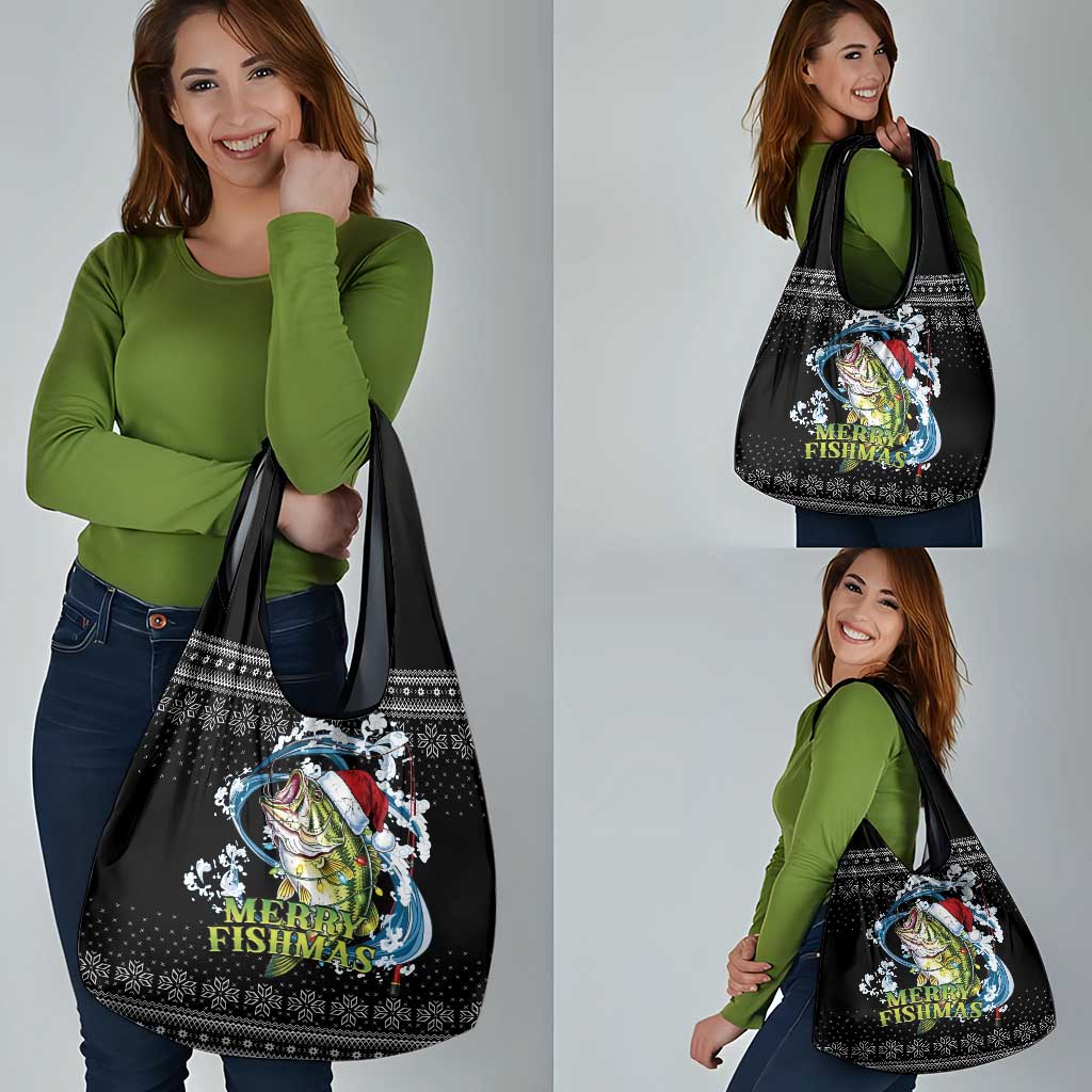 Funny Fishmas Bass Grocery Bag Fish Santa Hat Christmas Vibes - Wonder Print Shop