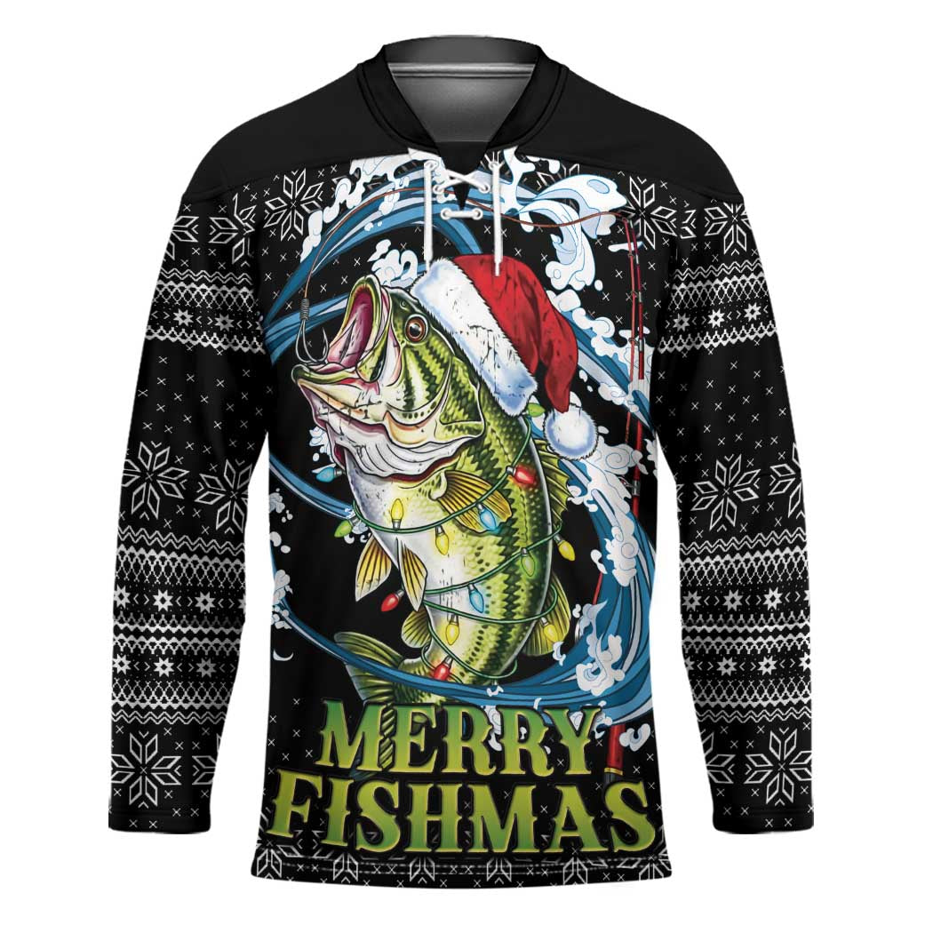 Funny Fishmas Bass Hockey Jersey Fish Santa Hat Christmas Vibes - Wonder Print Shop
