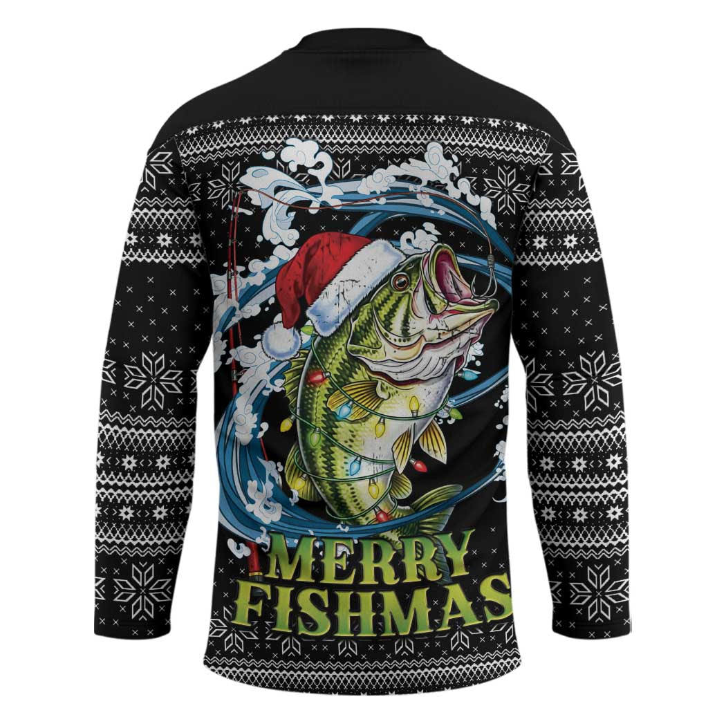 Funny Fishmas Bass Hockey Jersey Fish Santa Hat Christmas Vibes - Wonder Print Shop