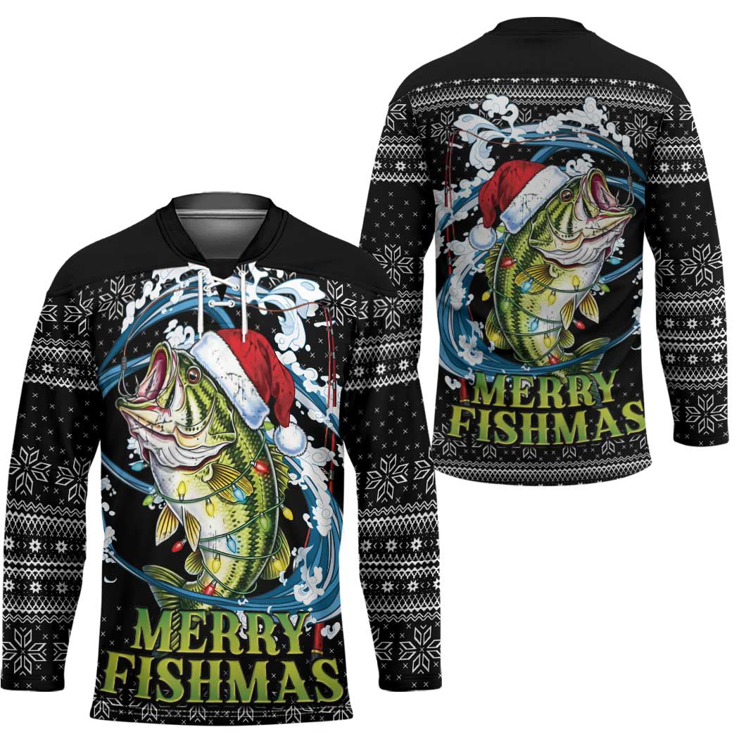 Funny Fishmas Bass Hockey Jersey Fish Santa Hat Christmas Vibes - Wonder Print Shop
