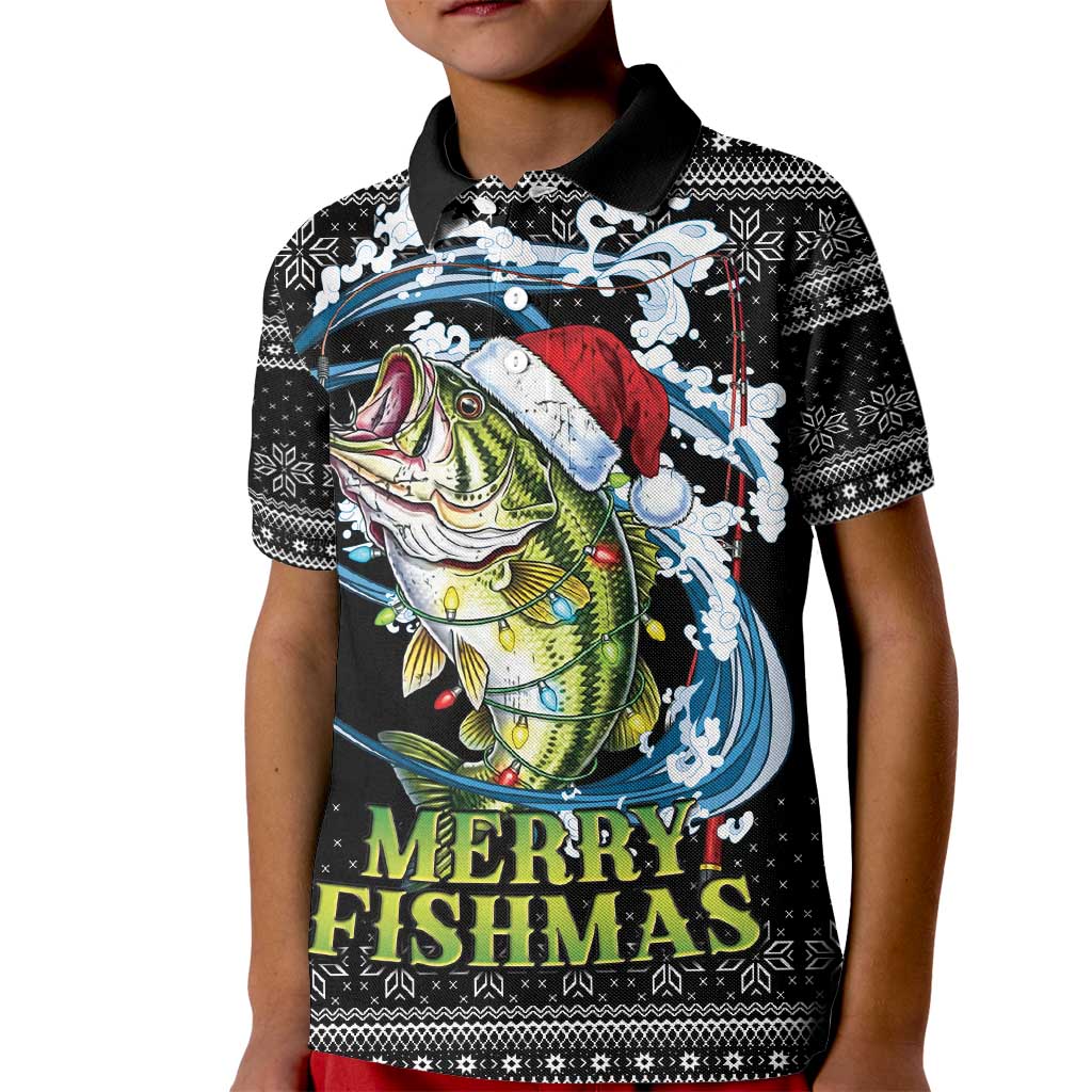 Funny Fishmas Bass Kid Polo Shirt Fish Santa Hat Christmas Vibes - Wonder Print Shop