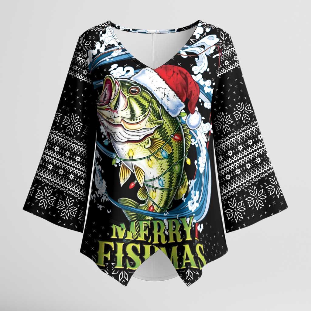 Funny Fishmas Bass Kimono Sleeve Blouse Fish Santa Hat Christmas Vibes - Wonder Print Shop
