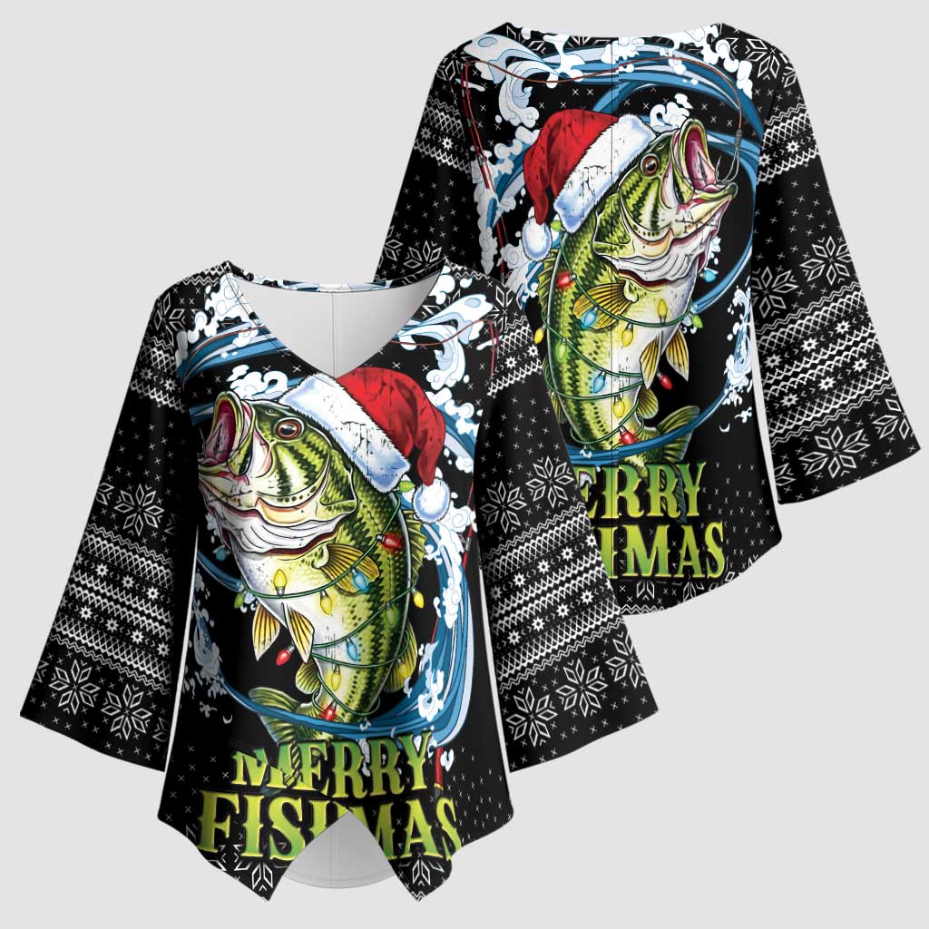 Funny Fishmas Bass Kimono Sleeve Blouse Fish Santa Hat Christmas Vibes - Wonder Print Shop
