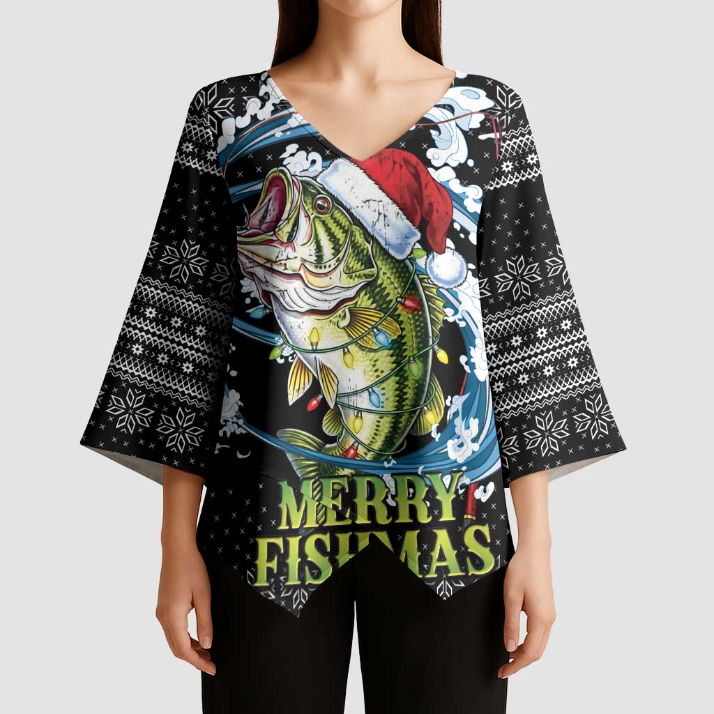 Funny Fishmas Bass Kimono Sleeve Blouse Fish Santa Hat Christmas Vibes - Wonder Print Shop