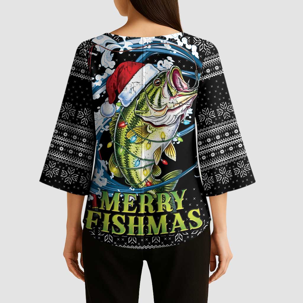 Funny Fishmas Bass Kimono Sleeve Blouse Fish Santa Hat Christmas Vibes - Wonder Print Shop