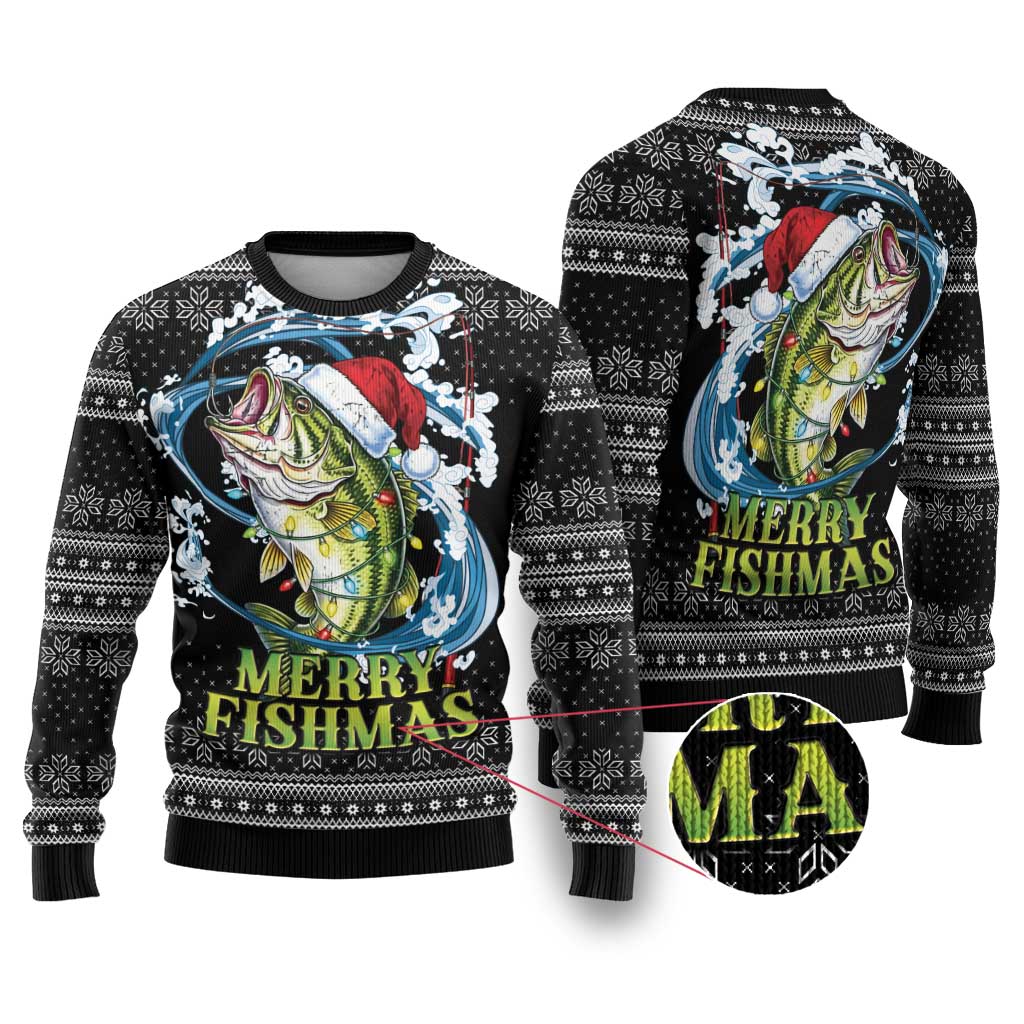 Funny Fishmas Bass Ugly Christmas Sweater Fish Santa Hat Christmas Vibes - Wonder Print Shop