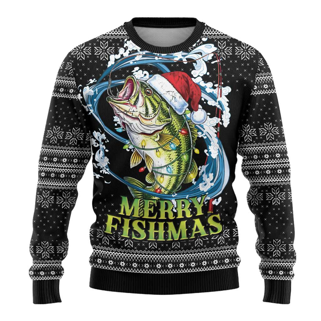 Funny Fishmas Bass Ugly Christmas Sweater Fish Santa Hat Christmas Vibes - Wonder Print Shop