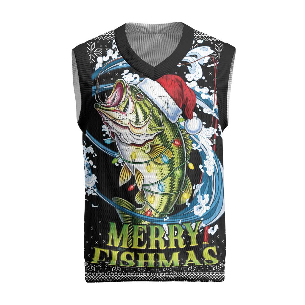 Funny Fishmas Bass Christmas Knitted V-Neck Vest Fish Santa Hat Christmas Vibes - Wonder Print Shop