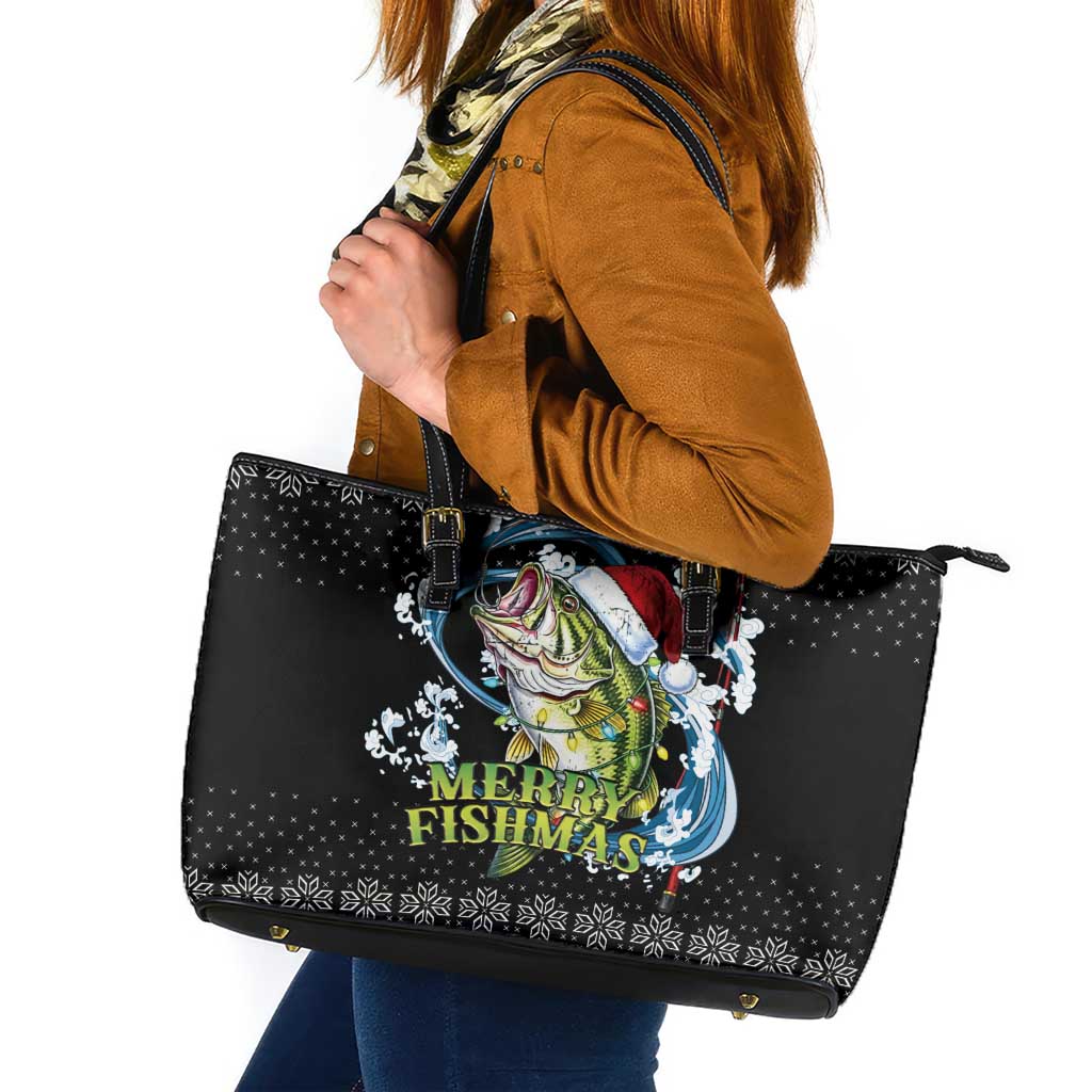 Funny Fishmas Bass Leather Tote Bag Fish Santa Hat Christmas Vibes - Wonder Print Shop