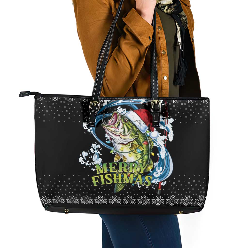 Funny Fishmas Bass Leather Tote Bag Fish Santa Hat Christmas Vibes - Wonder Print Shop