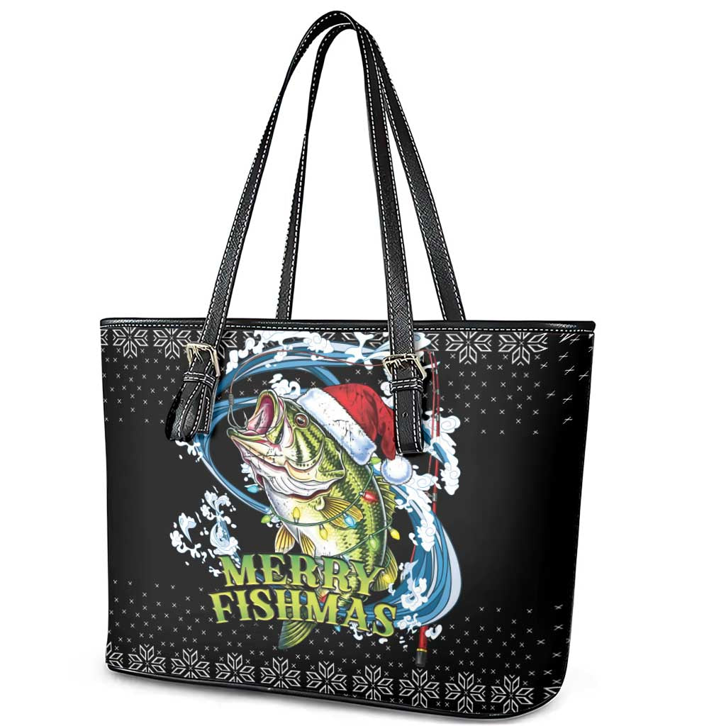 Funny Fishmas Bass Leather Tote Bag Fish Santa Hat Christmas Vibes - Wonder Print Shop