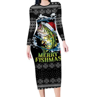 Funny Fishmas Bass Long Sleeve Bodycon Dress Fish Santa Hat Christmas Vibes - Wonder Print Shop