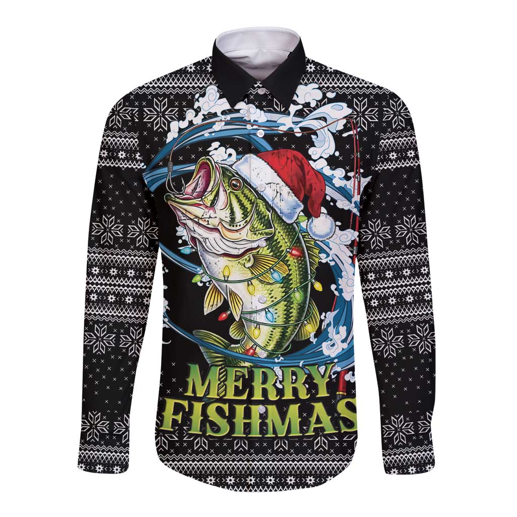 Funny Fishmas Bass Long Sleeve Button Shirt Fish Santa Hat Christmas Vibes - Wonder Print Shop