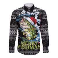 Funny Fishmas Bass Long Sleeve Button Shirt Fish Santa Hat Christmas Vibes - Wonder Print Shop