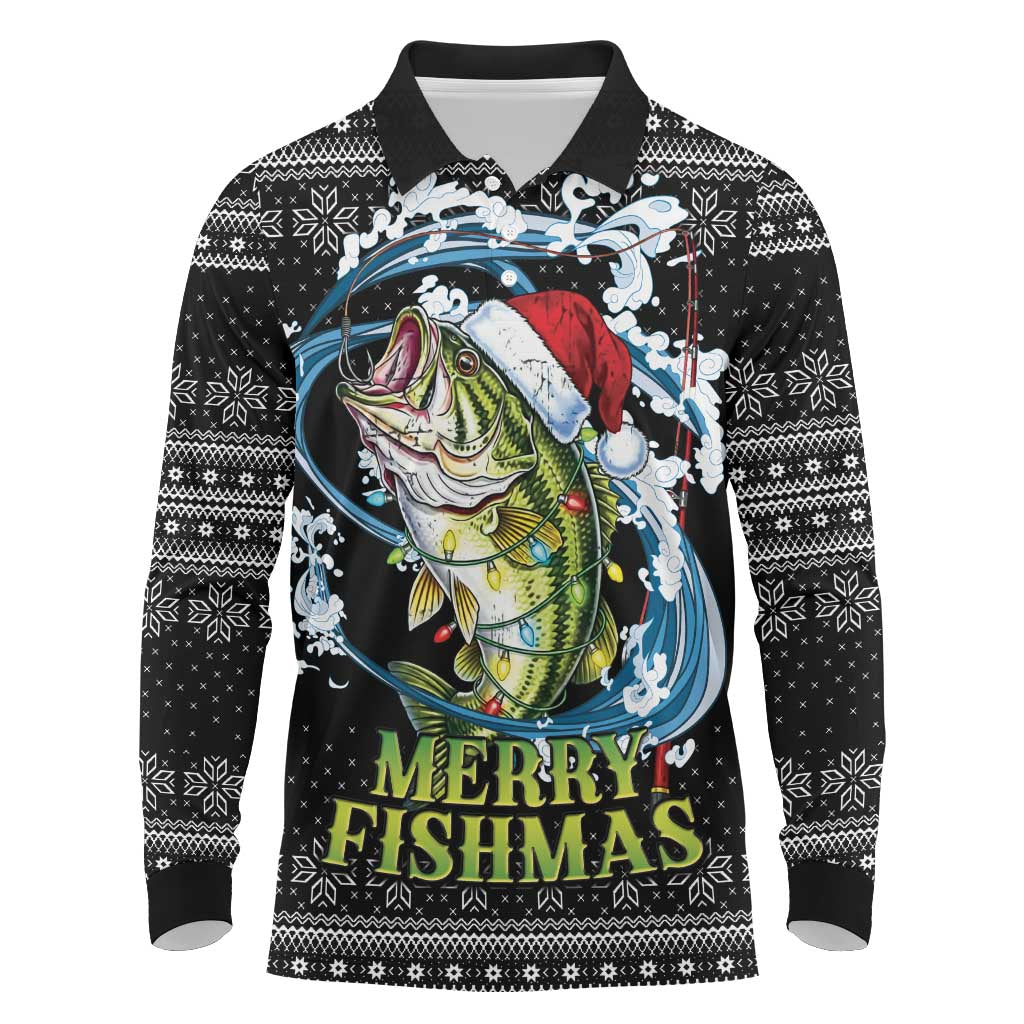 Funny Fishmas Bass Long Sleeve Polo Shirt Fish Santa Hat Christmas Vibes - Wonder Print Shop