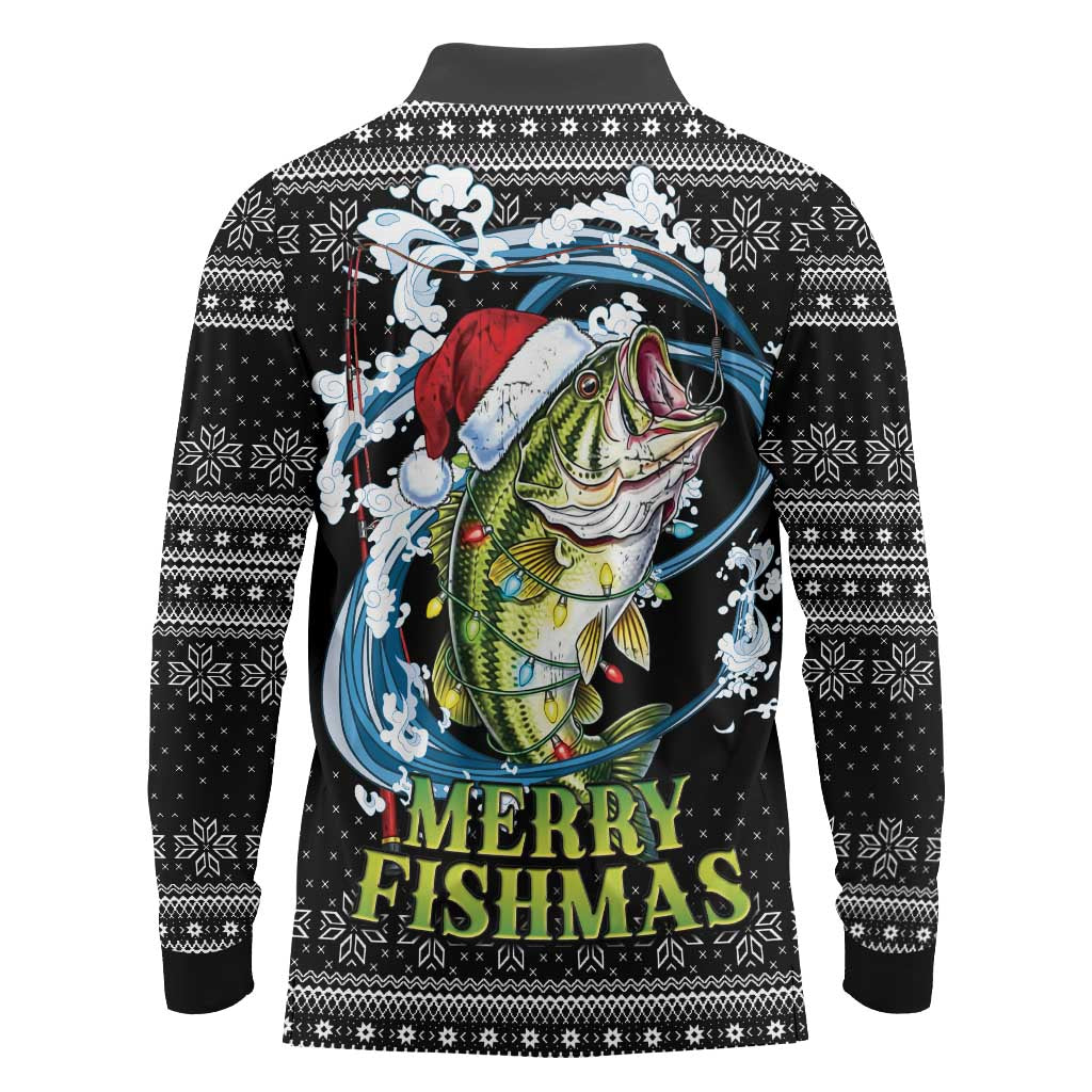 Funny Fishmas Bass Long Sleeve Polo Shirt Fish Santa Hat Christmas Vibes - Wonder Print Shop