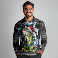 Funny Fishmas Bass Long Sleeve Polo Shirt Fish Santa Hat Christmas Vibes - Wonder Print Shop