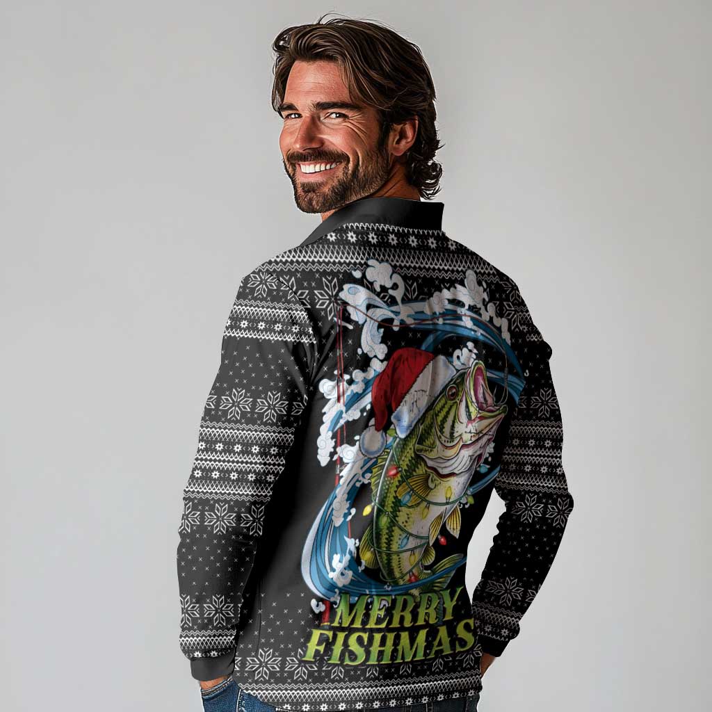 Funny Fishmas Bass Long Sleeve Polo Shirt Fish Santa Hat Christmas Vibes - Wonder Print Shop