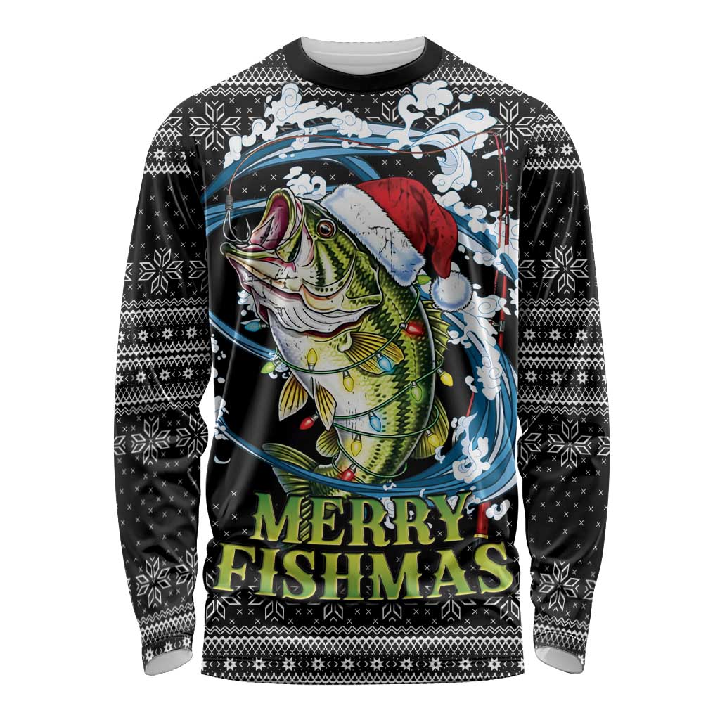 Funny Fishmas Bass Long Sleeve Shirt Fish Santa Hat Christmas Vibes - Wonder Print Shop