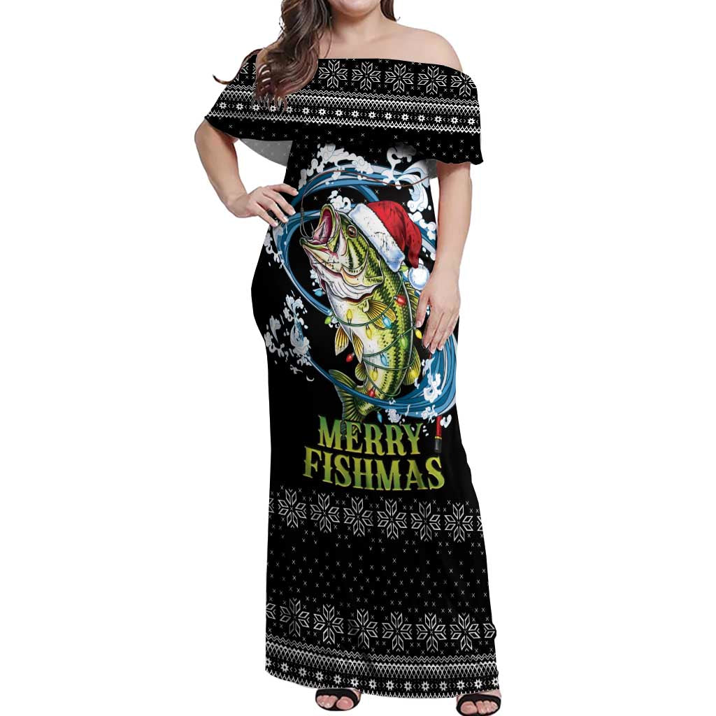 Funny Fishmas Bass Off Shoulder Maxi Dress Fish Santa Hat Christmas Vibes - Wonder Print Shop