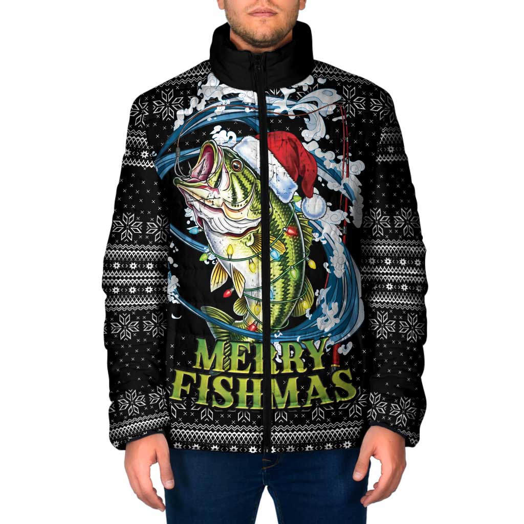 Funny Fishmas Bass Padded Jacket Fish Santa Hat Christmas Vibes - Wonder Print Shop