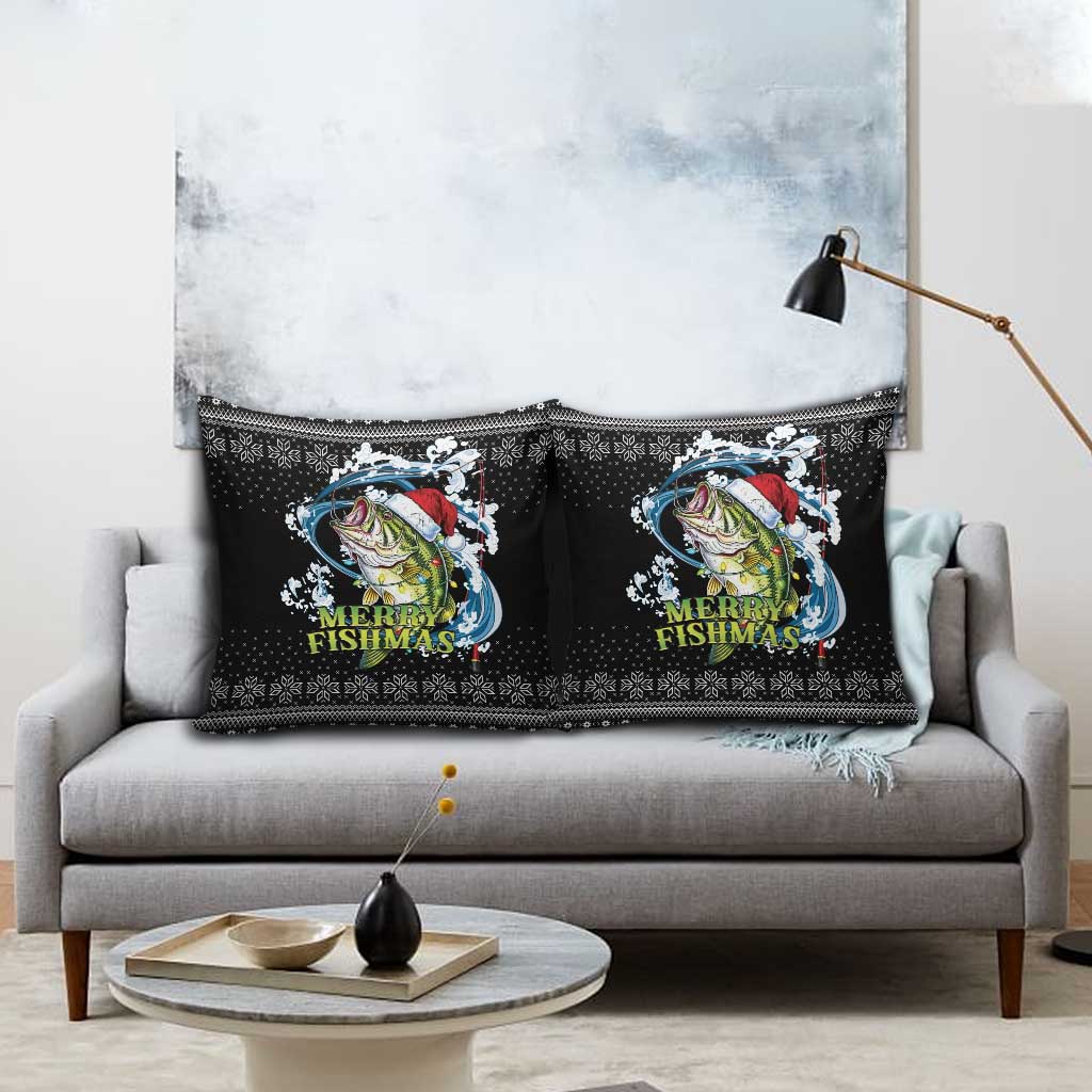 Funny Fishmas Bass Pillow Cover Fish Santa Hat Christmas Vibes - Wonder Print Shop