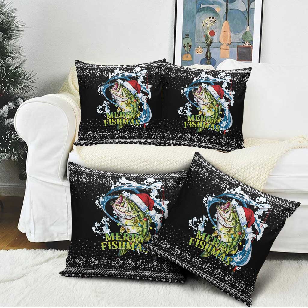 Funny Fishmas Bass Pillow Cover Fish Santa Hat Christmas Vibes - Wonder Print Shop