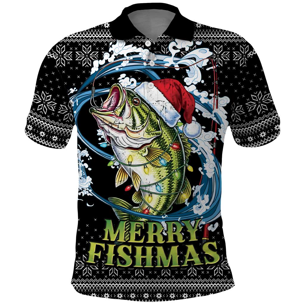 Funny Fishmas Bass Polo Shirt Fish Santa Hat Christmas Vibes - Wonder Print Shop