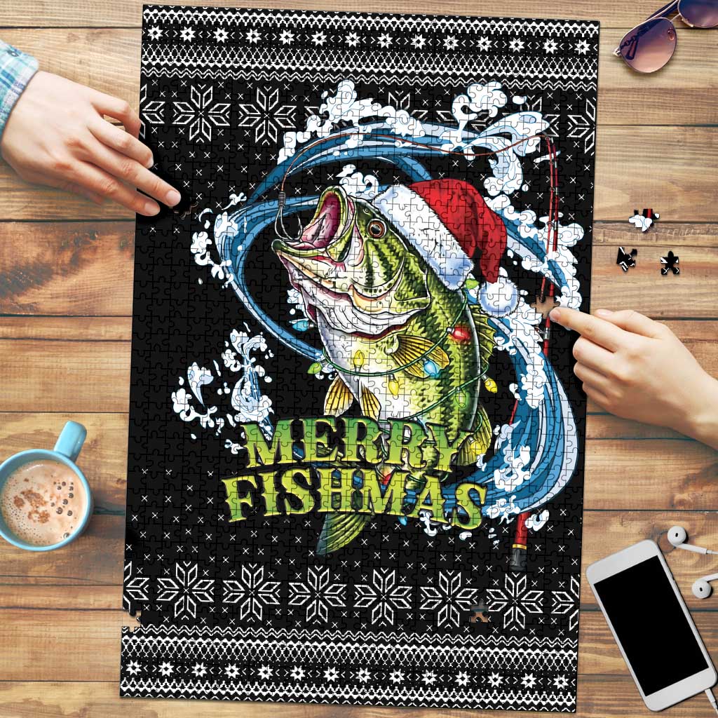 Funny Fishmas Bass Puzzle Fish Santa Hat Christmas Vibes - Wonder Print Shop