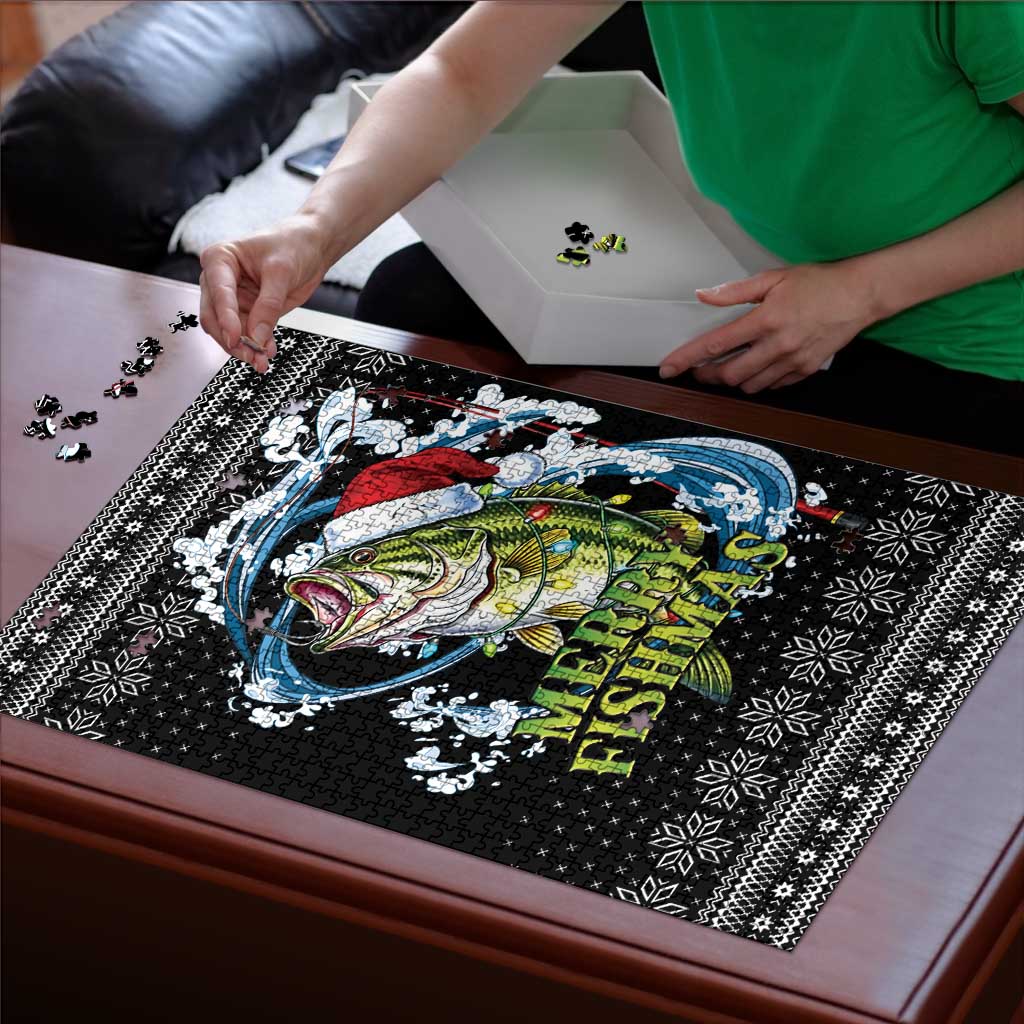 Funny Fishmas Bass Puzzle Fish Santa Hat Christmas Vibes - Wonder Print Shop