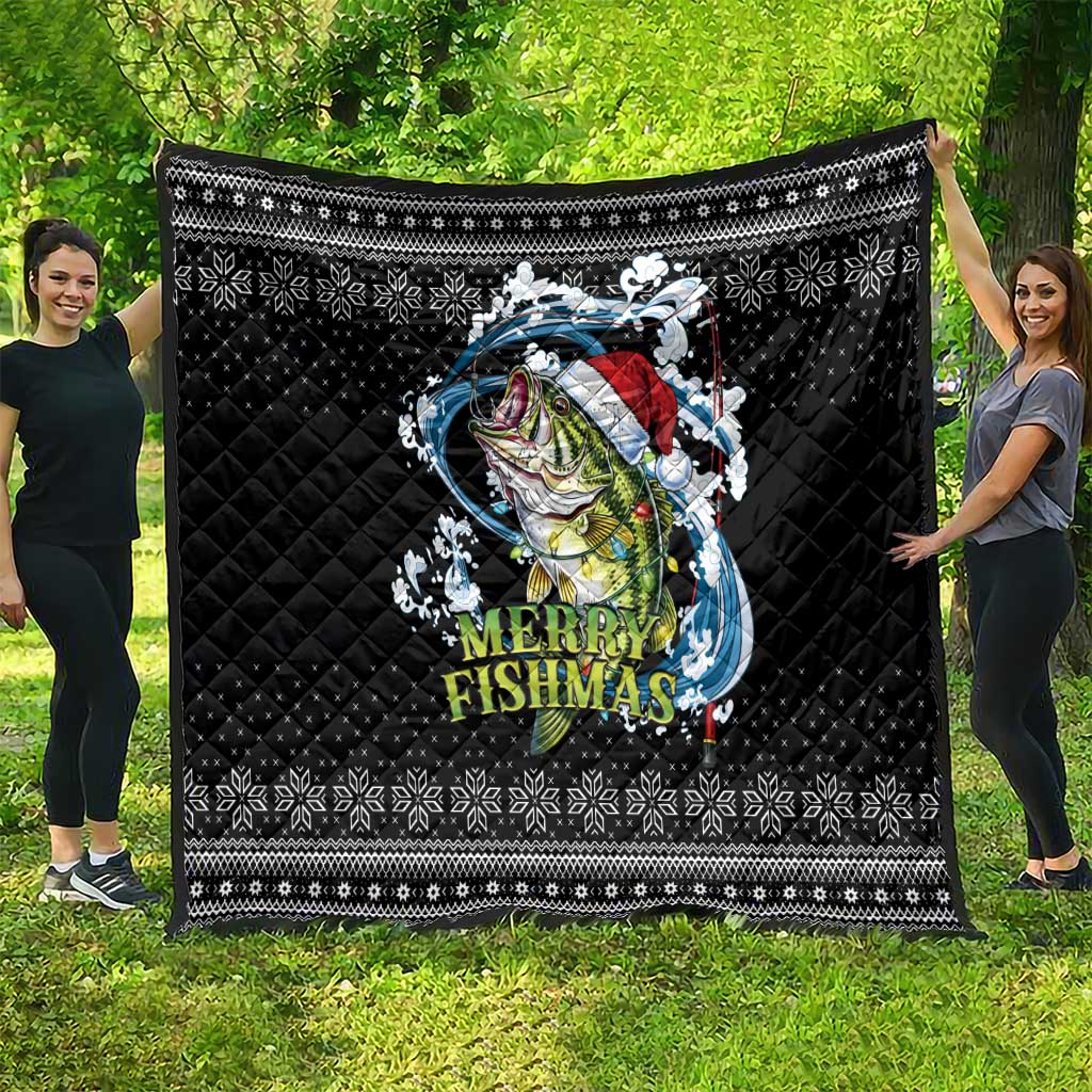Funny Fishmas Bass Quilt Fish Santa Hat Christmas Vibes - Wonder Print Shop