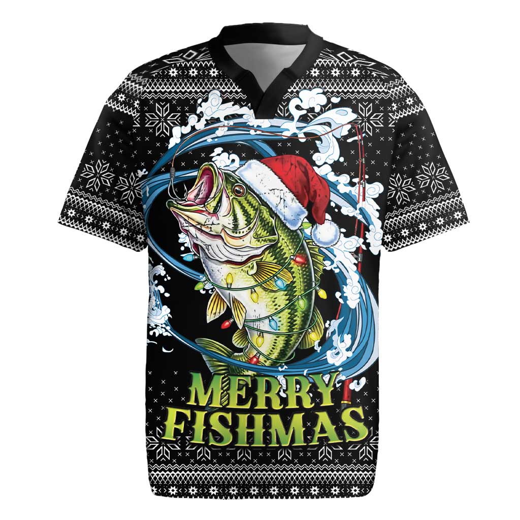 Funny Fishmas Bass Rugby Jersey Fish Santa Hat Christmas Vibes - Wonder Print Shop